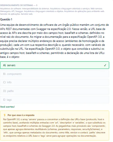 Questão respondida corretamente no sistema, com feedback visual e explicação pedagógica exibidos na hora